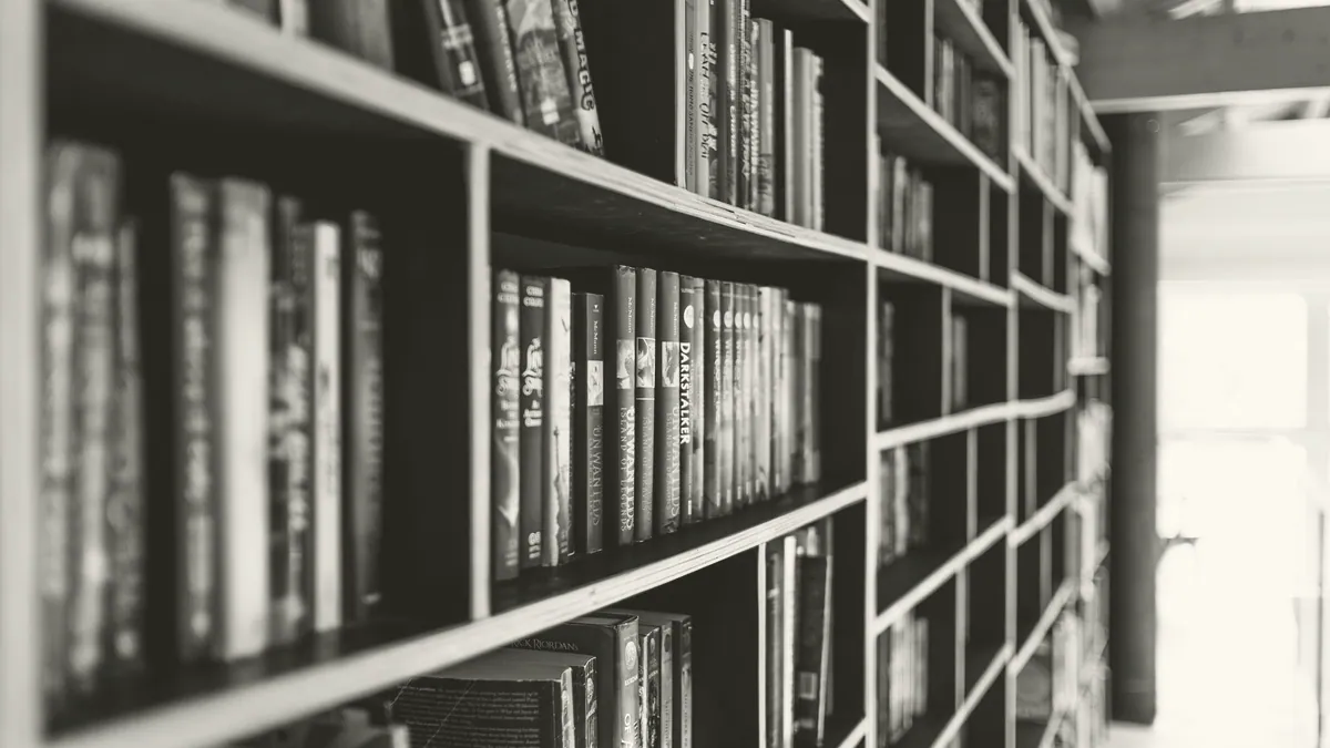 Library shelves.