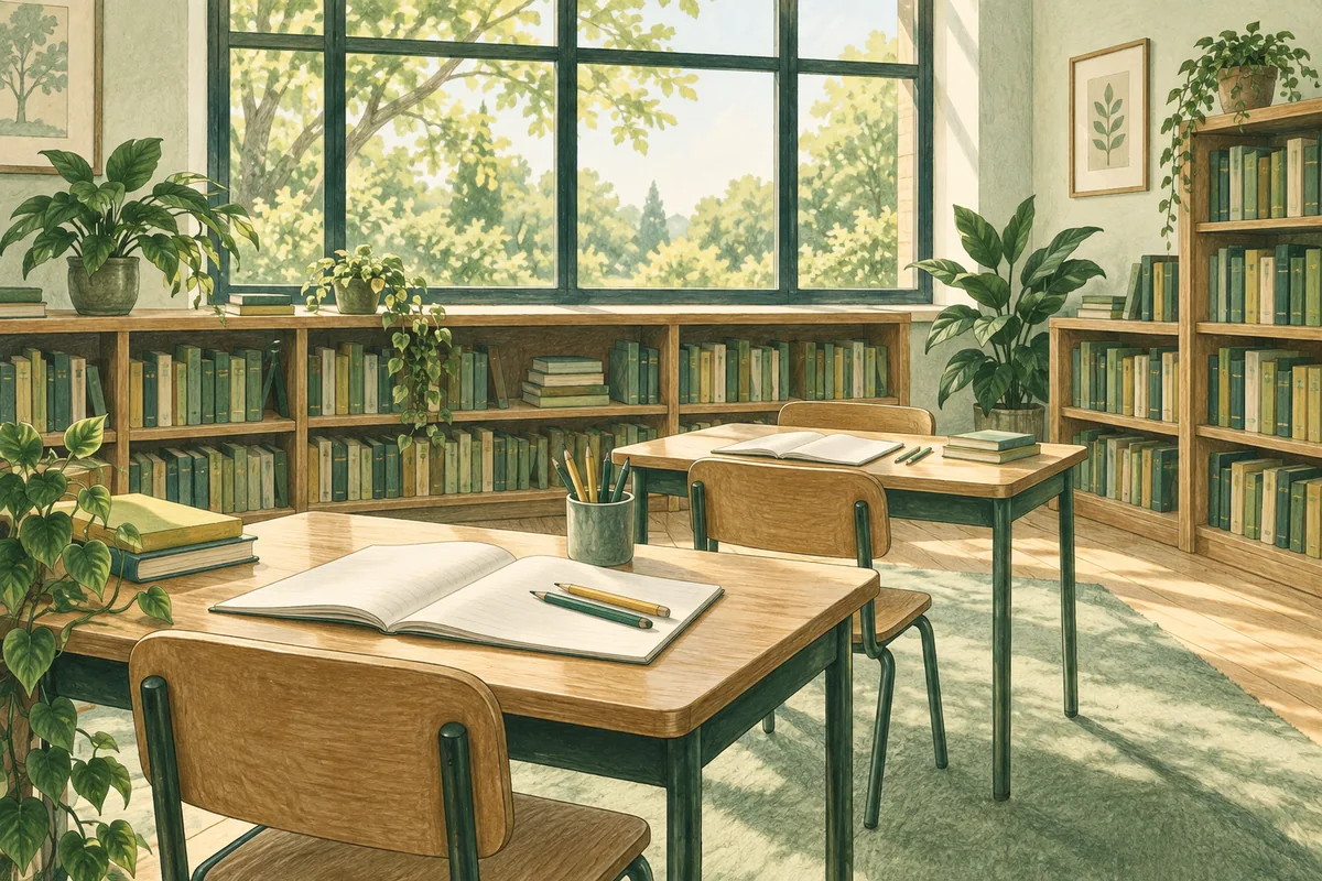 Empty school-library desks with books and coloured pencils. AI-created editorial illustration.