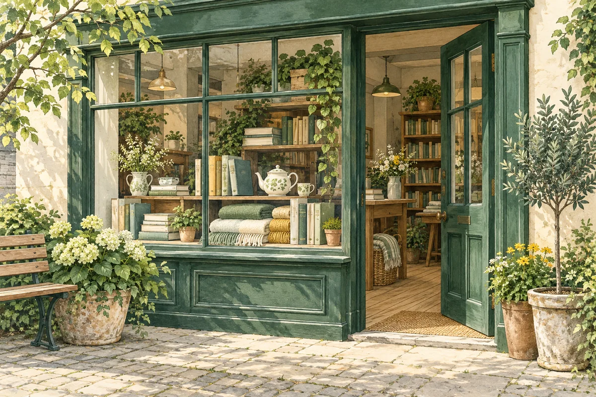 A community shop window with books, blankets and an open green door. AI-created editorial illustration.