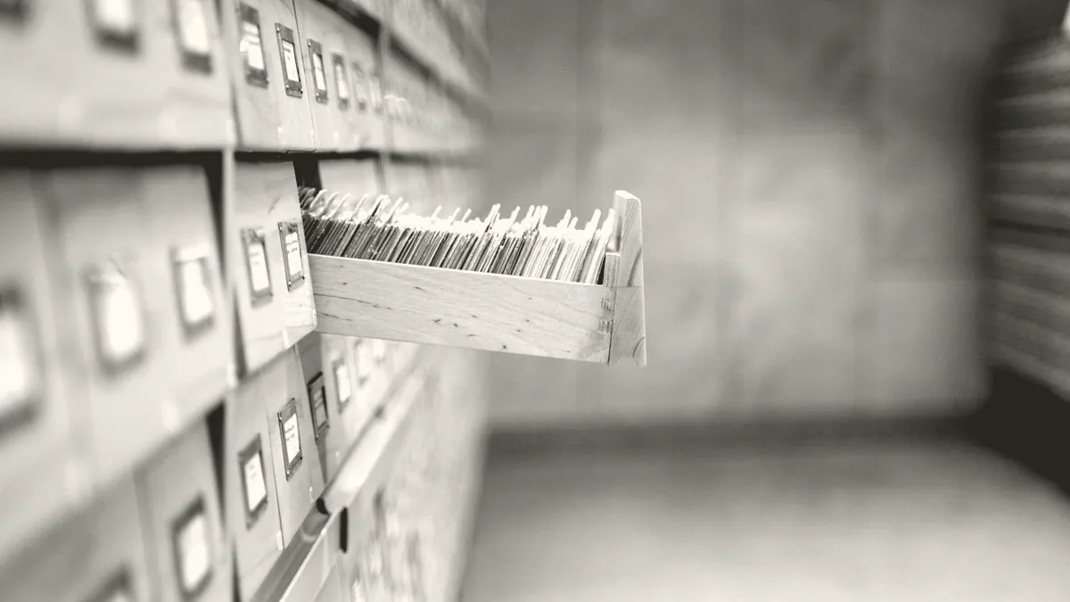 Archive boxes on a storage shelf.