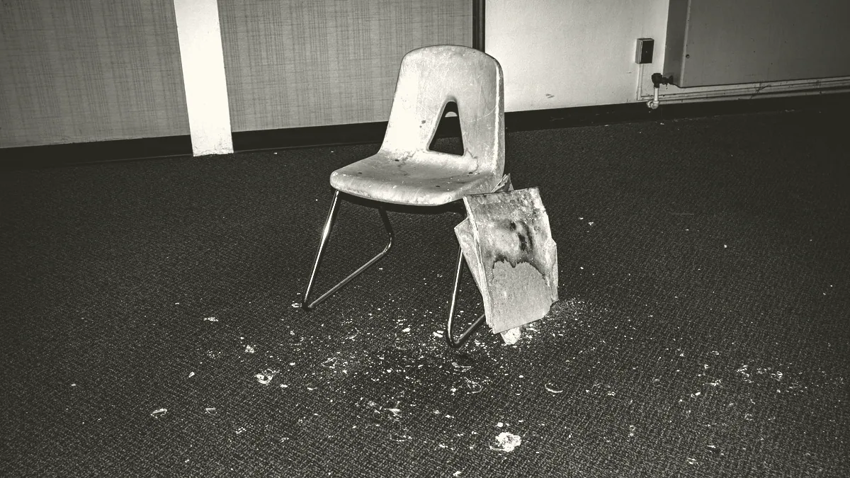 An empty chair in a dim room.